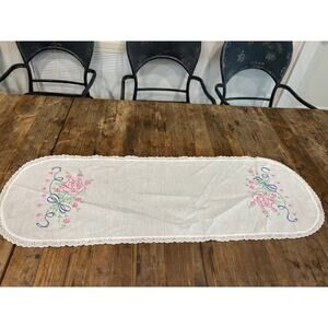 Vintage white linen table, dresser runner  with hand embroidered roses flowers